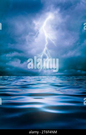 calm ocean with stormy sky and lighting Stock Photo