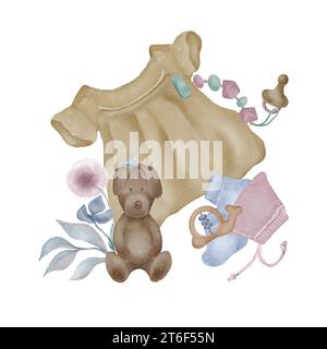 Illustration with baby girl dress and soft doggie isolated on white background. Hand drawn abstract flower delicate shades. Baby toys. Elements for ne Stock Photo