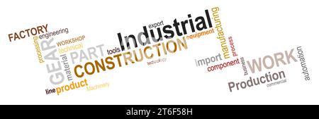 A cloud of words related to the realm of industrial construction. Various terms associated with this field are thrown together creating a visually app Stock Photo