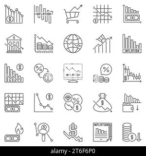 Inflation outline icons set - Hyperinflation and Financial Crisis concept linear vector symbols or design elements Stock Vector