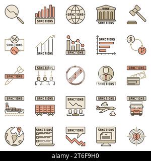Sanctions colored icons set. Economic or Political and Military Penalties concept signs collection Stock Vector