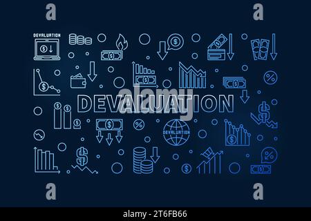 Devaluation horizontal blue banner - Currency Depreciation concept vector illustration in outline style Stock Vector