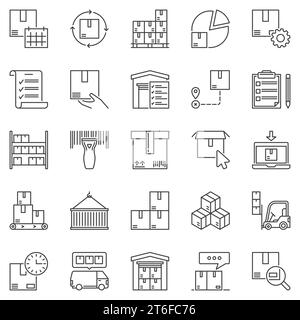 Inventory and Storage outline icons set - Warehouse and Boxes concept linear symbols or design elements Stock Vector