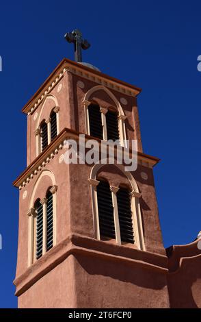 the  adobe church tower of the oldest church in the united states, built in 1615, san miguel catholic church in socorro, new mexico Stock Photo