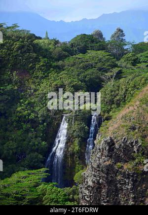 the  double opaekaa falls in the wailua river state park from the kuamo'o road overlook in kauai. hawaii Stock Photo