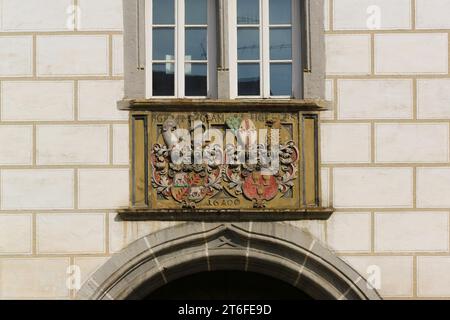 Alliance coat of arms of Count Rudolf VI von Helfenstein and Anna Maria von Staufen on Helfenstein Castle, elephant, heraldic animal, Wiesensteig Stock Photo