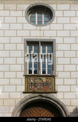 Alliance coat of arms of Count Rudolf VI von Helfenstein and Anna Maria von Staufen on Helfenstein Castle, elephant, heraldic animal, Wiesensteig Stock Photo