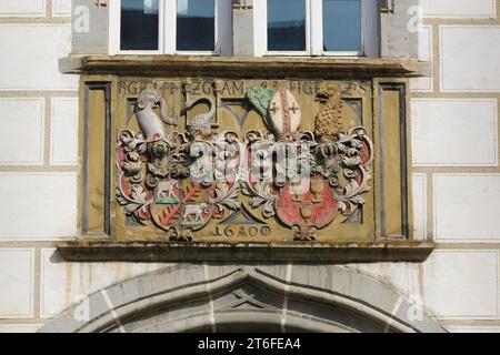 Alliance coat of arms of Count Rudolf VI von Helfenstein and Anna Maria von Staufen on Helfenstein Castle, elephant, heraldic animal, Wiesensteig Stock Photo