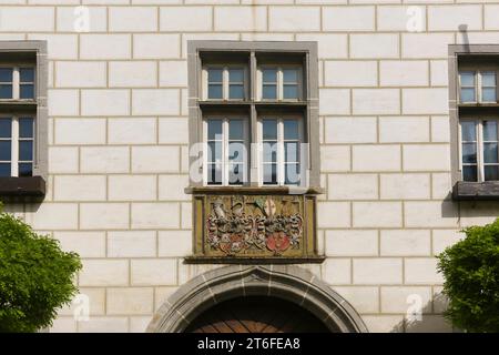 Alliance coat of arms of Count Rudolf VI von Helfenstein and Anna Maria von Staufen on Helfenstein Castle, elephant, heraldic animal, Wiesensteig Stock Photo