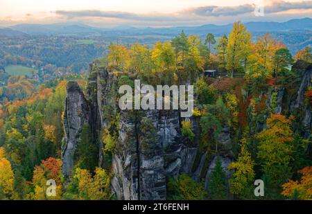 View from the Ferdinandstein to the rock castle Neurathen, Bastei, Lohmen, Saxon Switzerland, Elbe Sandstone Mountains, Saxony, Germany Stock Photo