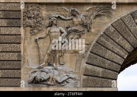 Detail of the relief Porte Saint-Martin, 17th century triumphal arch on the Grands Boulevards Saint-Martin, Paris, Ile-de-France, France Stock Photo