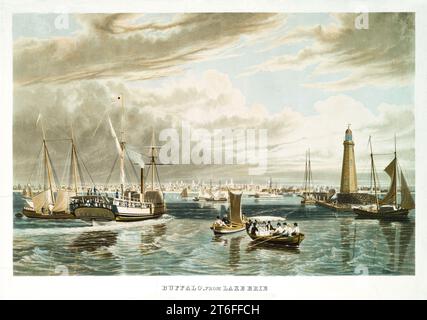 Old view of Buffalo from lake Erie, New York state. By Hill and Bennet, publ. in New York, 1836 Stock Photo