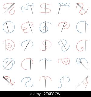 Sewing Needle with Thread outline icons set - Needlework vector concept symbols. Tailor signs Stock Vector