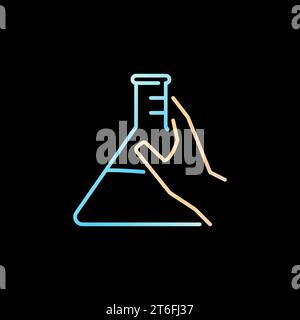 Hand Holding Blue Chemical Flask vector concept linear colorful icon on dark background Stock Vector