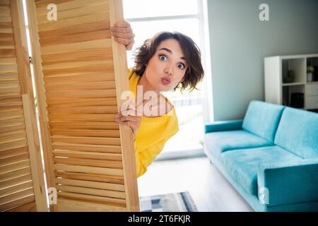 Portrait of pretty cute lady hiding wooden door cupboard choose outfit holiday festive event indoor showroom studio Stock Photo