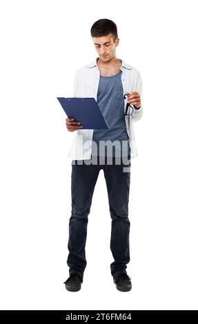 It, technician and man reading a report, document or checklist for technical support error or glitch. Geek, face and clipboard for services, note or Stock Photo