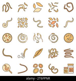 Helminth colored vector icons - Helminths Intestinal Worms concept symbols. Ascariasis, Hookworms, Pinworms signs Stock Vector