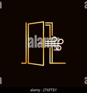 Opened Door colorful line icon. Vector Room Airing concept outline golden sign or logo element on dark background Stock Vector