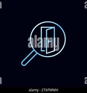 Door inside Magnifying Glass blue line icon. Doors Search vector concept sign on dark background Stock Vector