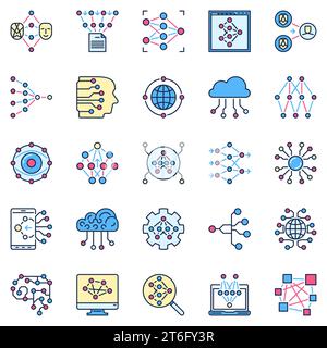 Artificial Neural Network colored icons. AI and Deep Learning vector creative signs. Future Technology symbols Stock Vector