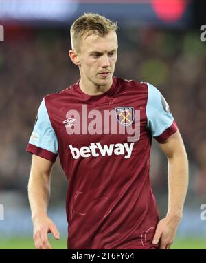 West Ham United's James Ward-Prowse during Europa League Group A soccer match between West Ham United against Olympiacos F.C at London stadium, London Stock Photo