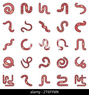 Worms colored icons set. Earthworm creative signs. Red Worms symbols collection Stock Vector