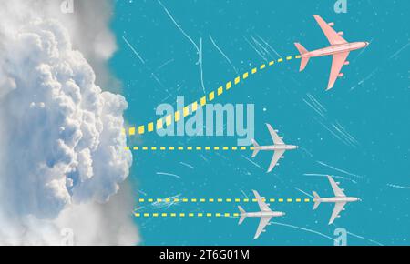A contemporary artistic collage depicting airplanes soaring out of clouds. The concept revolves around leadership and teamwork. Stock Photo
