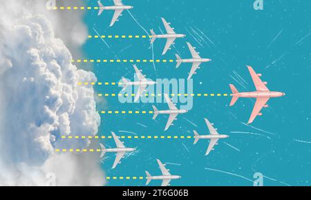 A contemporary artistic collage depicting airplanes soaring out of clouds. The concept revolves around leadership and teamwork. Stock Photo