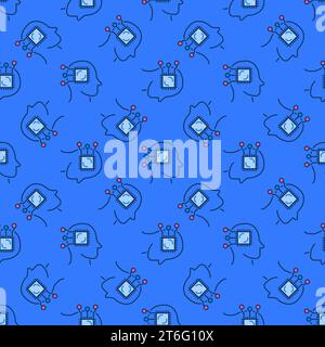 CPU inside Head vector People with AI Chip concept colored seamless pattern Stock Vector