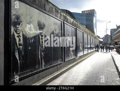 Birmingham, UK - Nov 5, 2023: 'Made In Birmingham' mural outside New Street Station featuring characters from the Peaky Blinders television series Stock Photo