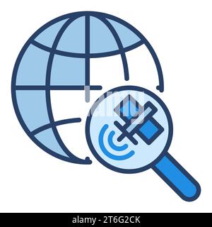 Earth Globe and Magnifier with Satellite vector concept blue icon or logo element Stock Vector