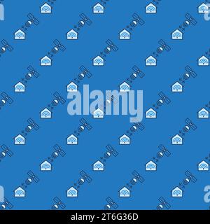 Satellite and House vector Satellite Internet Access concept blue seamless pattern Stock Vector