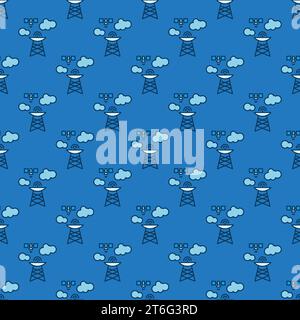 Telecommunication Tower and Satellite vector concept blue modern seamless pattern Stock Vector