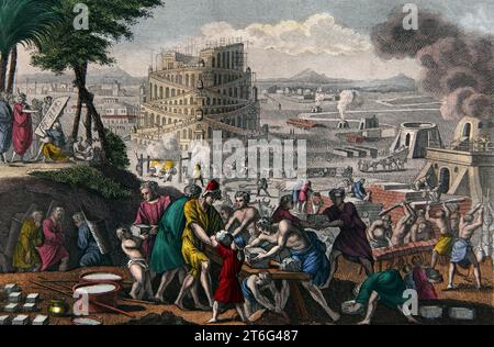 Illustration of The Building the Tower of Babel Genesis Old Testament From the Self-Interpreting Family Bible Stock Photo