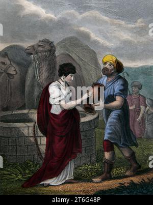 Bible Stories- Illustration Of Rebekah offering water to Abraham's servant Eliezer By The Well from Self-Interpreting Family Bible Stock Photo