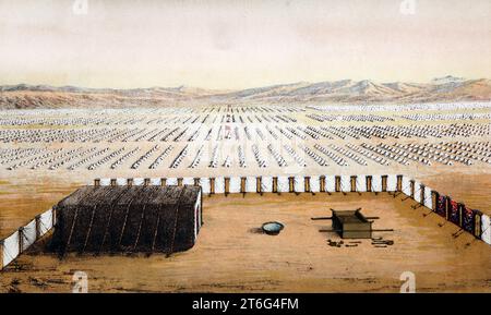 Illustration of General view of the Camp Court and the Tabernaclewith the Altar of Burnt-Offering looking Northward from the Tabernacle of Israel Illu Stock Photo