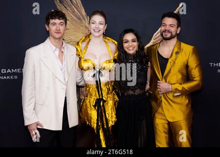 Tom Blyth, from left, Hunter Schafer, Rachel Zegler and Josh Andres