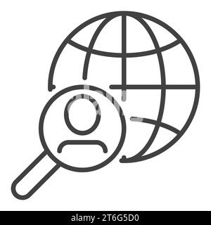 Man in Magnifier and Globe vector People Search with Magnifying Glass concept icon or symbol in outline style Stock Vector