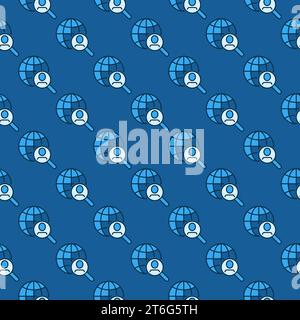 Man in Magnifier with Earth Globe vector People Search with Magnifying Glass concept blue seamless pattern Stock Vector