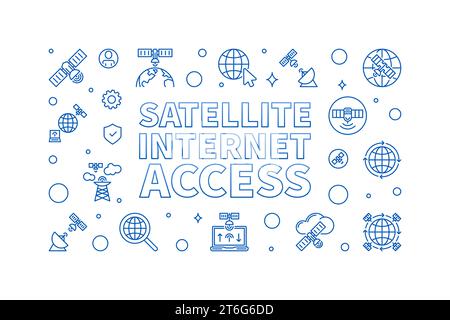Satellite Internet Access vector concept thin line blue horizontal banner - Communication Network Technology linear illustration Stock Vector