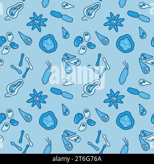 Blue Seamless pattern with Bacteria and Microbes concept vector creative signs Stock Vector