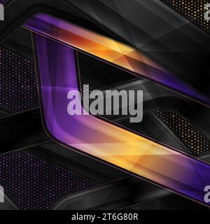 Glossy stripes and shiny dots abstract geometric tech background. Violet and orange concept art design Stock Vector