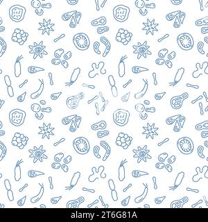 Seamless Pattern with bacteria, viruses and microbes concept blue thin line icons Stock Vector