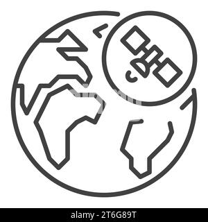 Earth and Satellite in Circle vector Global Internet concept icon or symbol in outline style Stock Vector