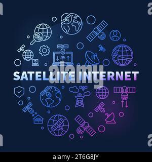 Satellite Internet vector concept outline round colored banner. Technology illustration in thin line style with dark background Stock Vector