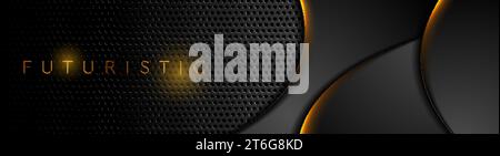 Futuristic technology abstract perforated background with orange neon glowing waves. Vector banner design Stock Vector