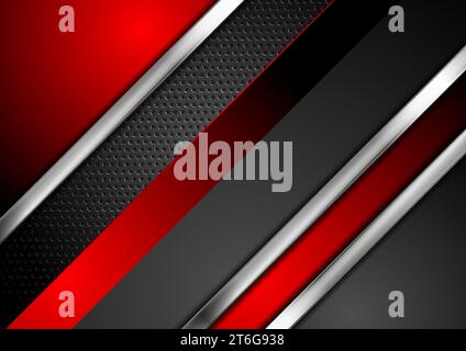 Technology red and black abstract background with metallic stripes and perforated texture. Vector geometric design Stock Vector