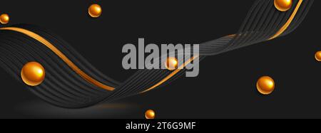 Bronze glossy spheres and black waves abstract geometric background. Modern vector banner design Stock Vector
