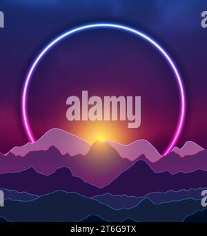 Retro nature abstract background witn neon ring and night mountains. Vector graphic design Stock Vector