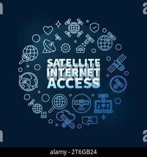 Satellite Internet Access vector thin line blue round banner - Communication Network concept linear illustration with dark background Stock Vector